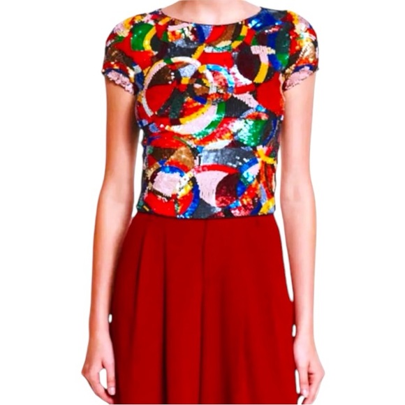 $440 Sequins Alice + Olivia Kaleidoscopic Crop Top 2 COLORFUL Back Stretch Panel - Picture 11 of 16